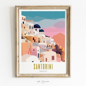 santorini poster, santorini print, santorini travel poster, santorini wall art, santorini greece print, santorini art print, modern travel poster, retro travel print, city print, cities prints, vibrant wall art, landscape and scenery, travel art