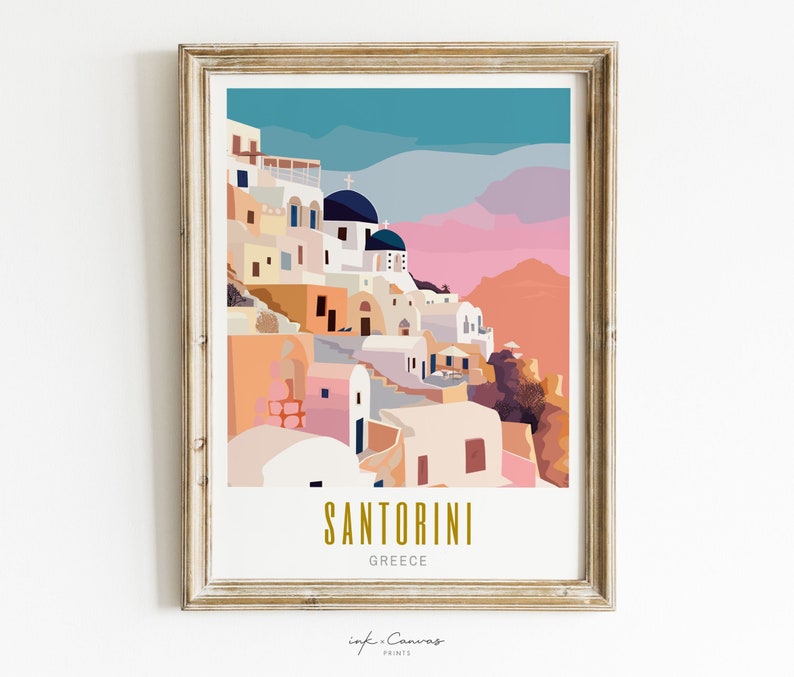 santorini poster, santorini print, santorini travel poster, santorini wall art, santorini greece print, santorini art print, modern travel poster, retro travel print, city print, cities prints, vibrant wall art, landscape and scenery, travel art