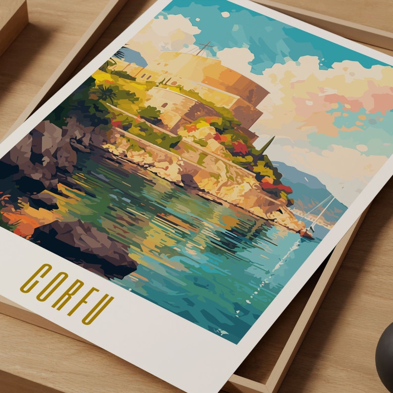 corfu poster, corfu print, corfu greece poster, corfu skyline wall art, modern travel poster, retro travel print, eu city print, eu cities prints, vibrant wall art, landscape and scenery, architecture  art, travel art, travel poster art