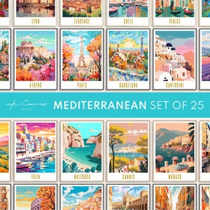 Mittelmeer Reise Poster Galerie Set von 25 Europa Reise Drucke Digitaler Download Maximalist Wandkunst Eklektisch Wohnkultur Paris Rom Italien