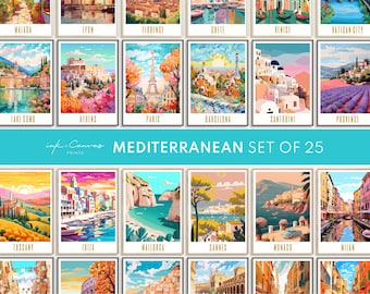 Mediterranean Travel Poster Gallery Set of 25 Europe Travel Prints Digital Download Maximalist Wall Art Eclectic Home Decor Paris Rome Italy