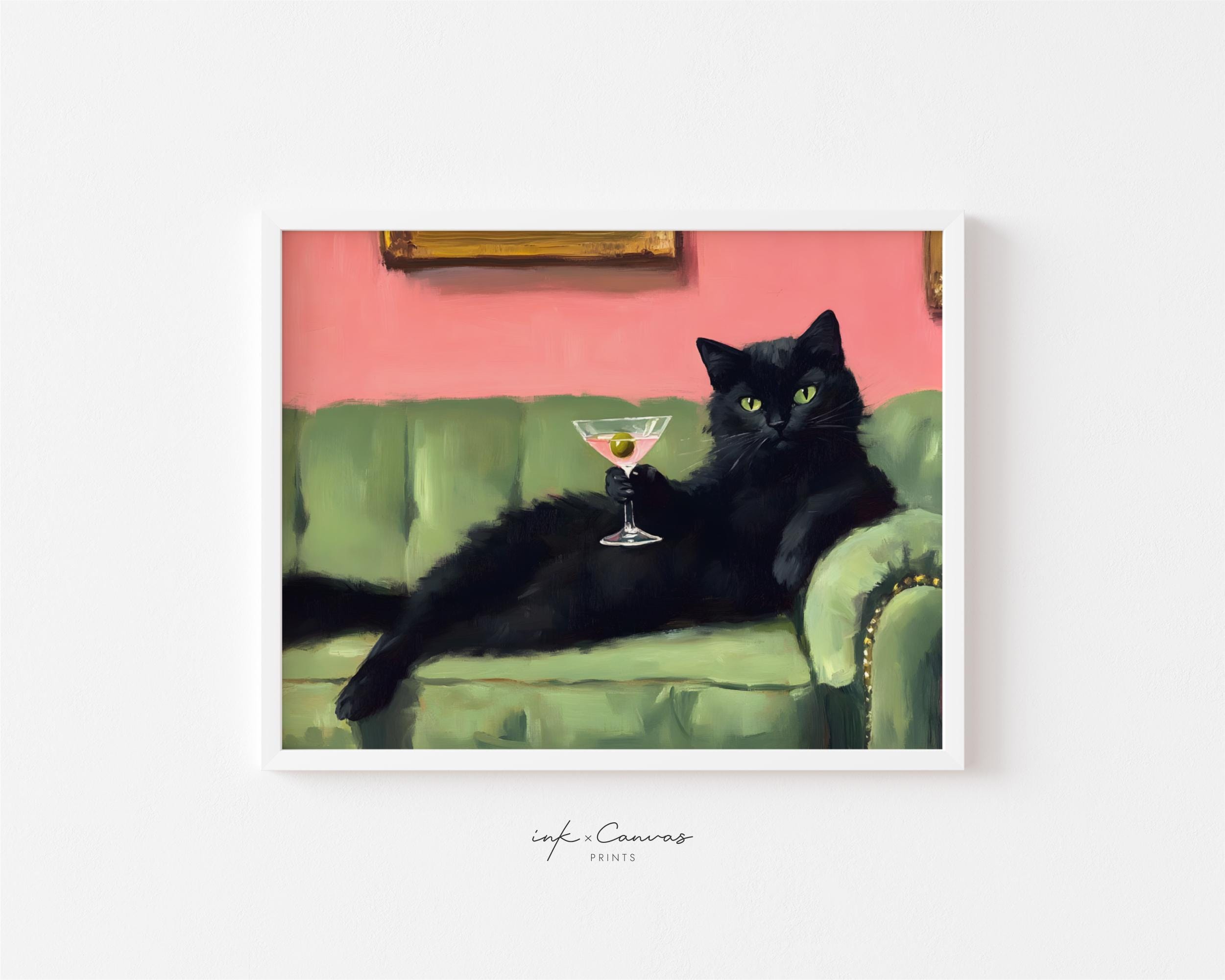 Retro Black Cat Martini Wall Art Bar Cart Decor Cocktail Art Bar Decor Vintage Oil Painting Black Cat Print Eclectic Wall Art Cute Cat Art