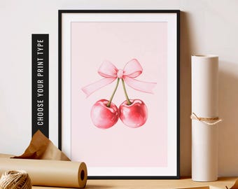 Coquette Cherry Poster Pink Nursery Print Pink Bow Coquette Art Cherries Print Nursery Decor Cute Kids Room Art Print Girls Nursery Wall Art