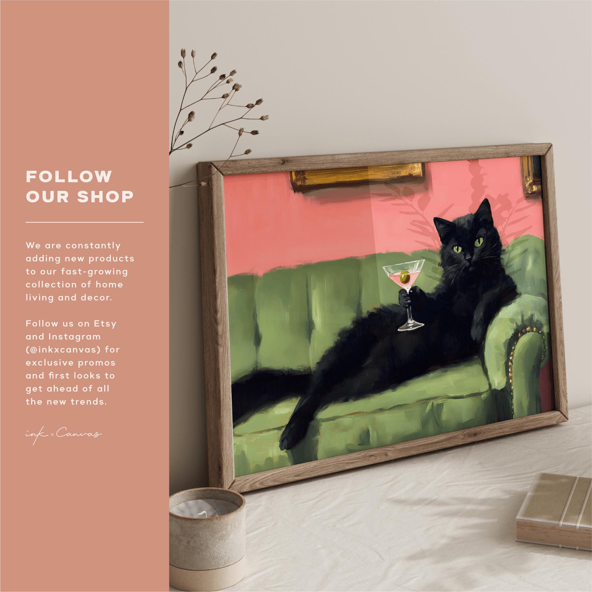 Retro Black Cat Martini Wall Art Bar Cart Decor Cocktail Art Bar Decor Vintage Oil Painting Black Cat Print Eclectic Wall Art Cute Cat Art