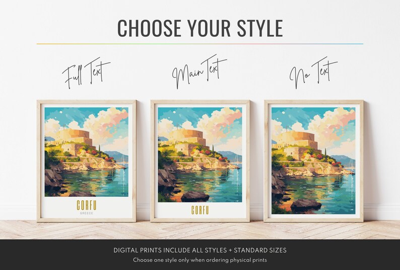 corfu poster, corfu print, corfu greece poster, corfu skyline wall art, modern travel poster, retro travel print, eu city print, eu cities prints, vibrant wall art, landscape and scenery, architecture  art, travel art, travel poster art