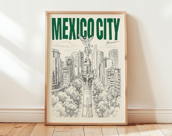 Mexico City Art Print | Retro Travel Poster | Eclectic Mexican Decor | Cityscape Sketch | Destination Wall Art (Digital or Unframed)