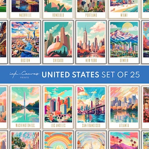 US Gallery Wall Set of 25 Travel Posters Digital Download Maximalist Wall Art Eclectic Home Decor Nyc Print Sf Poster LA Print Washington DC