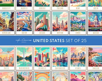 US Gallery Wall Set of 25 Travel Posters Digital Download Maximalist Wall Art Eclectic Home Decor Nyc Print Sf Poster LA Print Washington DC