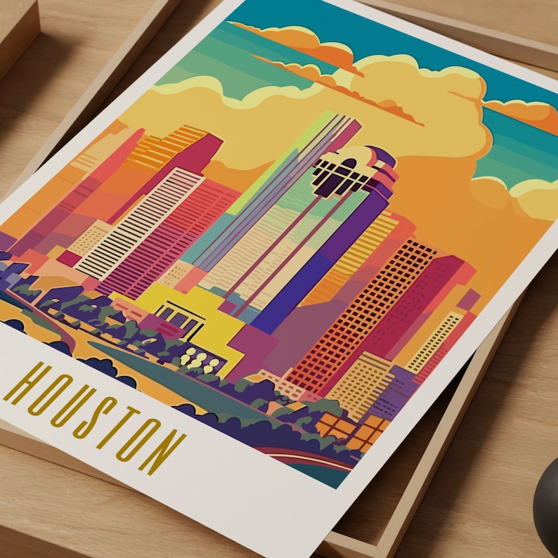 houston poster, houston print, houston texas poster, houston wall art, houston art print, houston tx, modern travel poster, retro travel print, city print, cities print, vibrant wall art, landscape and scenery, destination poster, travel art print