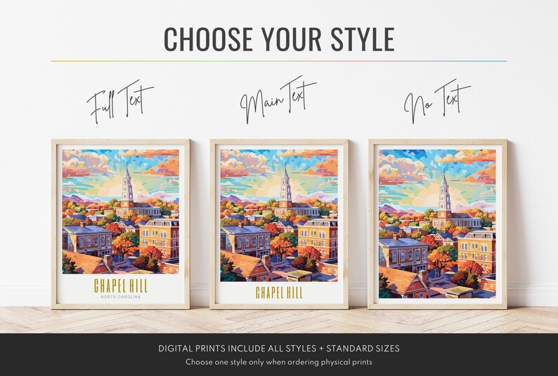 chapel hill poster, chapel hill print, chapel hill north carolina poster, chapel hill wall art, nc modern travel poster, retro travel print, city print, cities prints, vibrant wall art, landscape and scenery, destination poster, travel art print