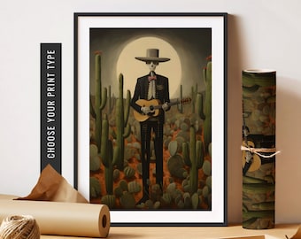Può includere: Un dipinto digitale di uno scheletro che indossa un sombrero e un abito e suona la chitarra in un paesaggio desertico con cactus. Lo scheletro ha un papillon rosa e una camicia bianca. Lo sfondo è blu scuro con una luna piena.