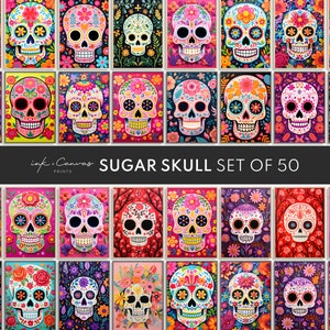 Dia de los Muertos Sugar Skull Gallery Set de 50 Impresiones Digitales Decoración de Halloween Impresiones de Arte Latina Decoración de Otoño Decoraciones de Halloween Imprimibles