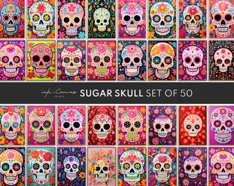 May include: A set of 50 colorful sugar skull illustrations. Each skull is decorated with flowers and intricate patterns. The skulls are set against a variety of backgrounds, including floral patterns, geometric designs, and solid colors. The set is perfect for adding a touch of Mexican culture to your home decor.