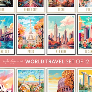 Travel Poster Gallery Set of 12 World Travel Prints Digital Download Maximalist Wall Art Eclectic Home Decor Trendy Prints Aesthetic Posters