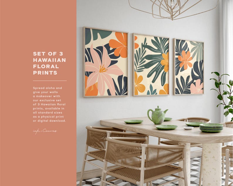 Set of 3 Hawaiian Floral Prints Boho Wall Decor Abstract Flower Wall ...