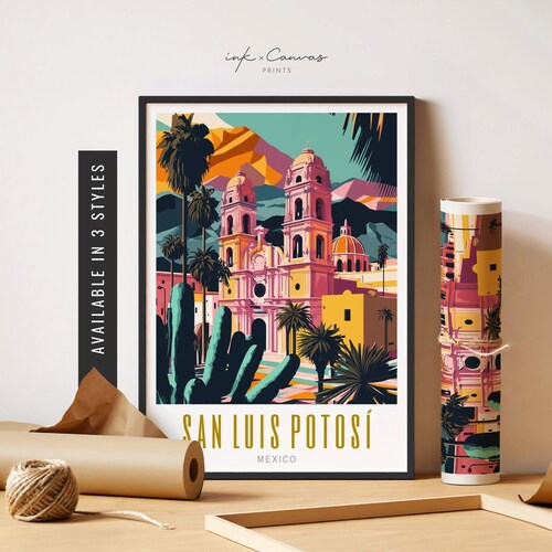 希少　Luis Preciado アートポスター 額入り San Luis Potosi Art Mexico Wall Art Retro Mexican Art Latino City