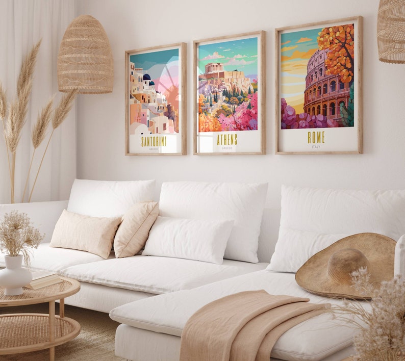 santorini poster, santorini print, santorini travel poster, santorini wall art, santorini greece print, santorini art print, modern travel poster, retro travel print, city print, cities prints, vibrant wall art, landscape and scenery, travel art