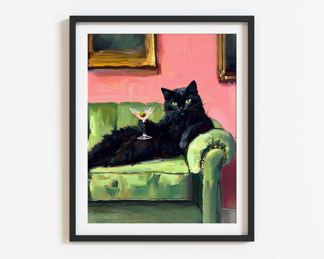 Vintage Black Cat Art Martini Bar Cart Decor Cocktail Bar Decor Pet Cat ...