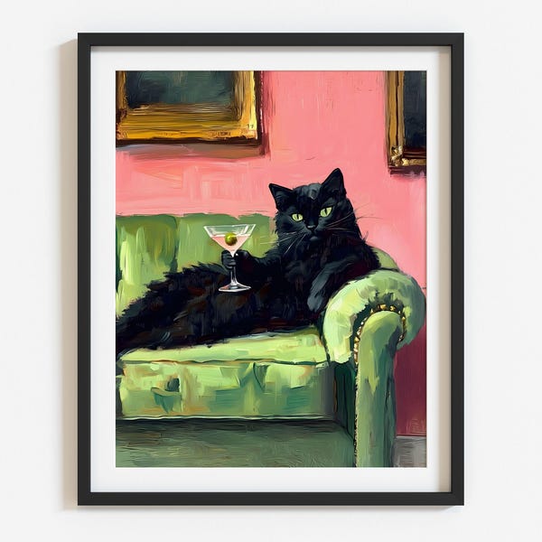 Decoración de carrito de bar de martini con arte de gato negro vintage, decoración de bar de cócteles, pintura al óleo de gato mascota, impresión de gato negro, arte de pared ecléctico retro, póster de gato lindo