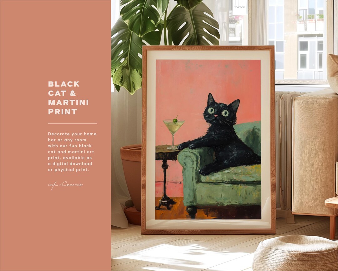 Funny Black Cat Art Martini Bar Cart Decor Cocktail Art Bar Decor ...