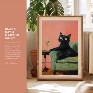 Art drôle de chat noir Martini Bar Cart Decor Cocktail Art Bar Decor vintage Peinture à l'huile Impression de chat noir Art mural rétro éclectique Art de chat mignon