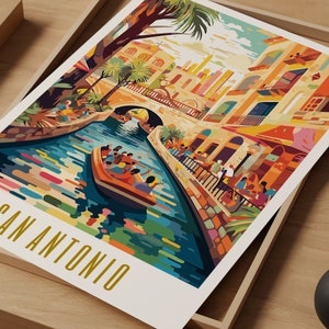 san antonio poster, san antonio print, san antonio texas poster, san antonio wall art, san antonio riverwalk, san antonio art, modern travel poster, retro travel print, city print, cities prints, landscape scenery, destination poster, travel art