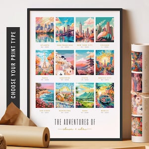 Art mural collage de voyage personnalisé, affiche de voyage personnalisée, impression de lieux préférés, cadeau d'anniversaire personnalisé, cadeau personnalisé pour voyageur