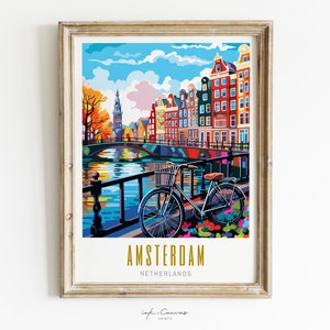 amsterdam poster, amsterdam print, amsterdam netherlands poster, skyline wall art, modern travel poster, retro travel print, us city print, us cities prints, vibrant wall art, landscape and scenery, architecture art, travel art, travel poster art