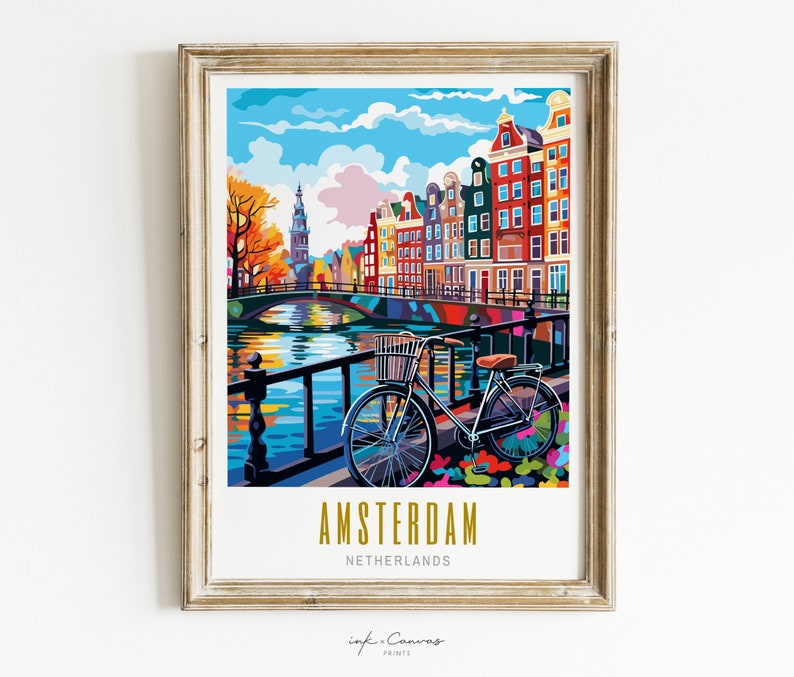 amsterdam poster, amsterdam print, amsterdam netherlands poster, skyline wall art, modern travel poster, retro travel print, us city print, us cities prints, vibrant wall art, landscape and scenery, architecture art, travel art, travel poster art