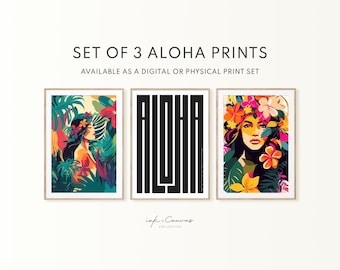 May include: Set of three digital or physical prints featuring a tropical theme. The prints include a woman with a flower crown in a jungle setting, a colorful floral design, and the word "ALOHA" in a bold, graphic style.