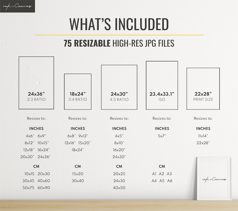 What is included: 75 high-resolution files with 5 different aspect ratios, including 2:3, 3:4, 4:5, International Paper Sizes, ISO, A1, A2, A3, A4, A5, A6, 5x7in, 11x14in, 22x28in - resizable and printable in many sizes