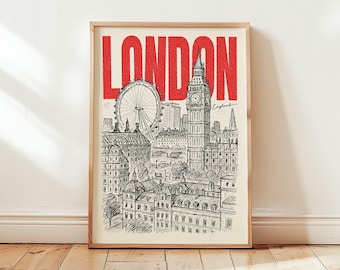 London England Art Print | Retro Travel Poster Art | Boho Minimalist Decor | Vintage City Poster | Available as a Digital or Unframed Print