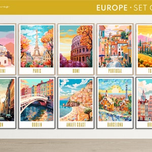 Europe travel poster gallery set of 25, portugal, london, madrid, tuscany, cologne, stockholm, azores, dublin, barcelona, paris, bavaria, interlaken, bruges, santorini, amalfi coast, rome, brussels, brasov, glasgow, amsterdam, berlin, prague, greece