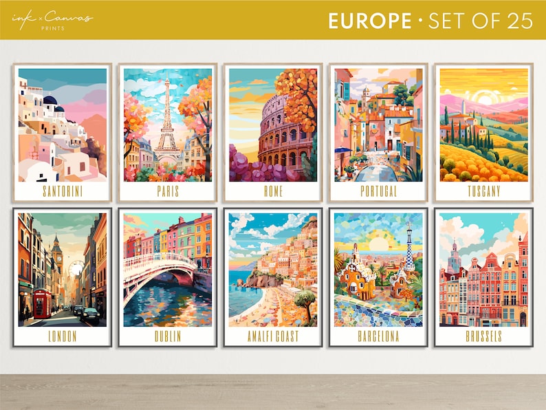 Europe travel poster gallery set of 25, portugal, london, madrid, tuscany, cologne, stockholm, azores, dublin, barcelona, paris, bavaria, interlaken, bruges, santorini, amalfi coast, rome, brussels, brasov, glasgow, amsterdam, berlin, prague, greece
