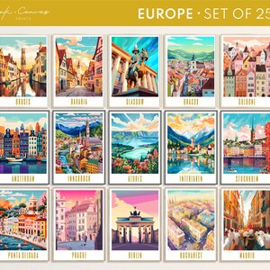 Europe travel poster gallery set of 25, portugal, london, madrid, tuscany, cologne, stockholm, azores, dublin, barcelona, paris, bavaria, interlaken, bruges, santorini, amalfi coast, rome, brussels, brasov, glasgow, amsterdam, berlin, prague, greece