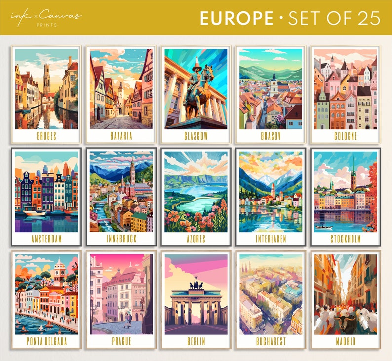 Europe travel poster gallery set of 25, portugal, london, madrid, tuscany, cologne, stockholm, azores, dublin, barcelona, paris, bavaria, interlaken, bruges, santorini, amalfi coast, rome, brussels, brasov, glasgow, amsterdam, berlin, prague, greece