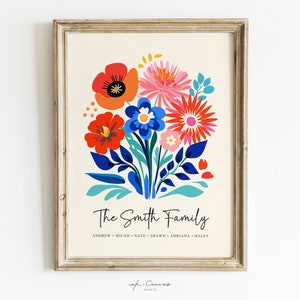 custom birth flower print, birth flower family bouquet, personalized birth flower poster, birth month flower art, carnation, violet, daffodil, daisy, lily of the valley, rose, larkspur, poppy, aster, marigold, chrysanthemum, poinsettia, forget me not