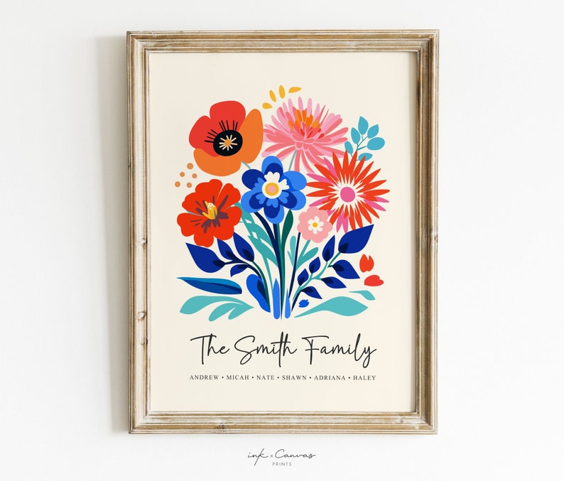 custom birth flower print, birth flower family bouquet, personalized birth flower poster, birth month flower art, carnation, violet, daffodil, daisy, lily of the valley, rose, larkspur, poppy, aster, marigold, chrysanthemum, poinsettia, forget me not