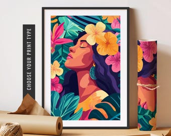 Hawaiian Girl Print Maximalist Wall Art Hawaii Floral Art Aloha Vibes Eclectic Poster Retro Naive Art Modern Polynesian Poster Printable Art