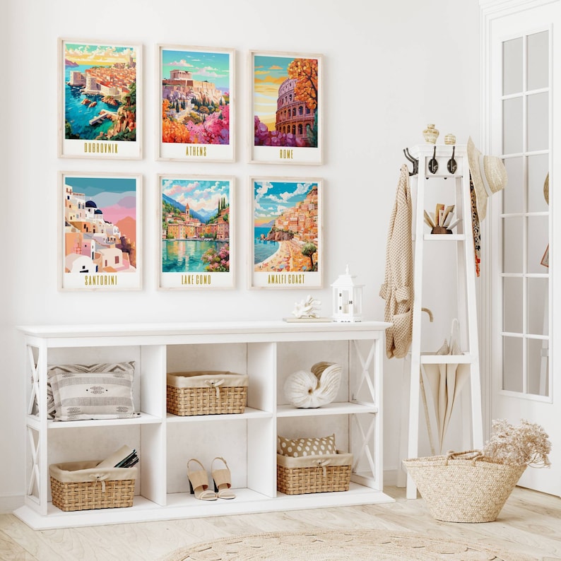 santorini poster, santorini print, santorini travel poster, santorini wall art, santorini greece print, santorini art print, modern travel poster, retro travel print, city print, cities prints, vibrant wall art, landscape and scenery, travel art