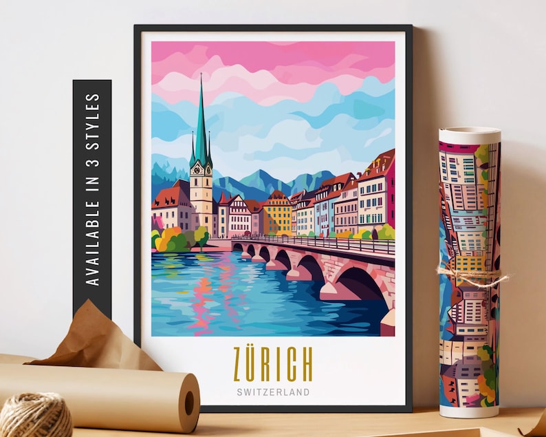 Zurich Switzerland Print Retro Travel Poster Zurich Print Top