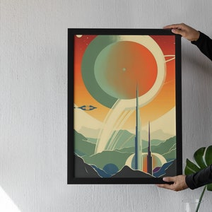 Vintage Space Station Canvas: Retro-Futuristic Rocket, Planetary Art, Mid-Century Modern Constellation Print for Home & Office Decor