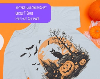Vintage Halloween Shirt, Unisex Softstyle T-Shirt: Jack-O-Lantern, Black Cat, Bats, Gift For Her, Gift for Him, Halloween Shirt