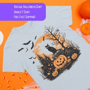 Vintage Halloween Shirt, Unisex Softstyle T-Shirt: Jack-O-Lantern, Black Cat, Bats, Gift For Her, Gift for Him, Halloween Shirt
