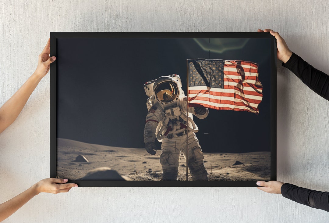 Astronaut Moon Flag Planting Canvas, Vintage Lunar Exploration Art ...