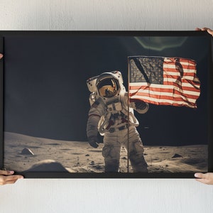 Astronaut Moon Flag Planting Canvas, Vintage Lunar Exploration Art, Dramatic Sunrise Space Decor, Historical Moon Landing Wall Art Print
