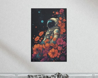 Blossoming Spacewalk Poster - Astronaut Artwork with Flower Patch Accents - Bedrooms, Living Rooms, and Dorms