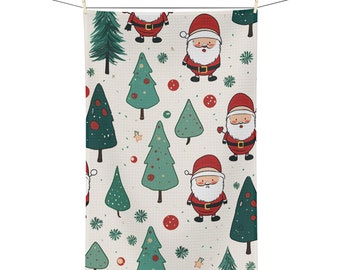 Vintage Santa Kitchen Towel, Retro Christmas Decor, Hand-Drawn Santa Dish Towel, Christmas Tree & Santa Towel, Old-Fashioned Santa Tea Towel