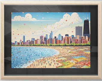 May include: A colorful painting of a cityscape with a beach in the foreground. The city skyline is filled with tall buildings, including a skyscraper. The beach is crowded with people, and the water is a bright blue. The sky is a light blue with white clouds and colorful dots.
