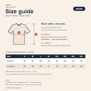 Gildan 5000 adult T-shirt size guide in inches. Flat chest width and shoulder-to-hem length for S through 5XL, with a measurement diagram, 1.5-inch size tolerance and garment-care instructions. Compare a favorite shirt laid flat.
